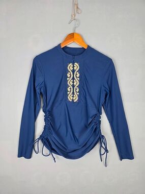 Cabana Life RashGuard Sz Large Navy with Gold Embrodieary Zip up Swim Shirt Pool
